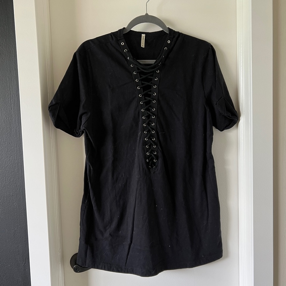 Carmar Black Short Sleeve Tee with Lace-Up Detail